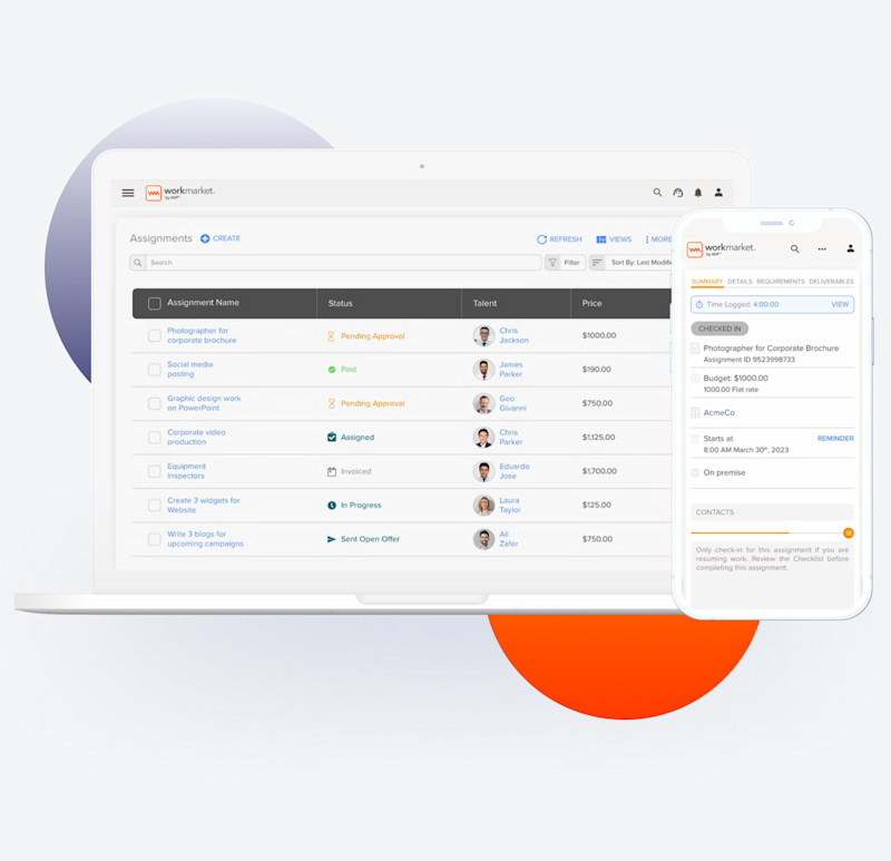WorkMarket interface showing assignment dashboard in desktop and mobile screens