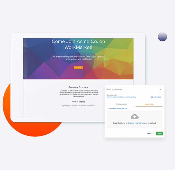 2 WorkMarket interfaces showing the send and receipt of invitations to join WorkMarket