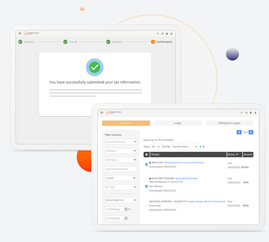 WorkMarket interfaces showing a list of invoices and a tax information submission confirmation screen