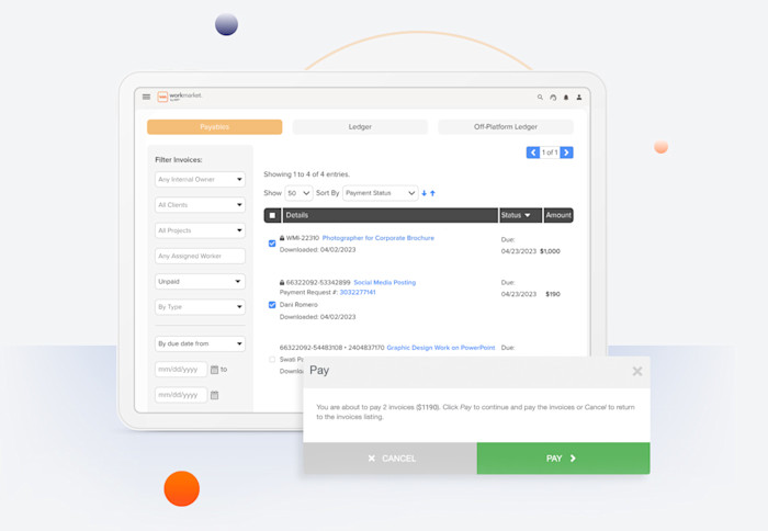 WorkMarket interface showing invoices to be paid and the payment confirmation pop up