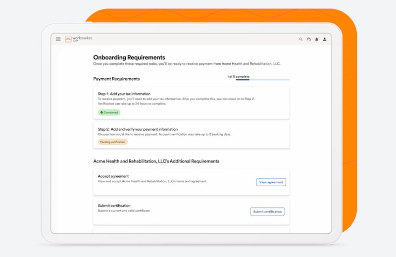 WorkMarket interface showing onboarding requirements