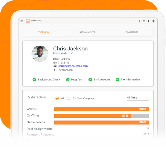 WorkMarket interface showing a contractor profile with satisfaction ratings