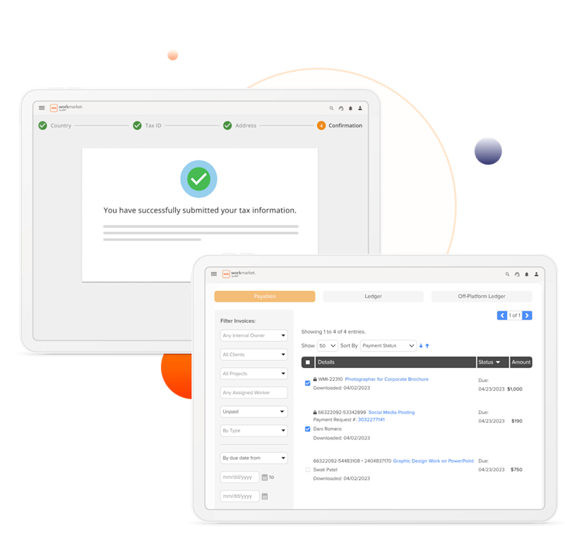 WorkMarket interfaces showing a list of invoices and a tax information submission confirmation screen