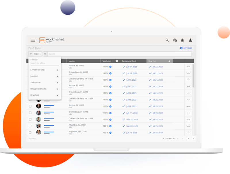 WorkMarket interface showing a list of independent contractors to be filtered by requirements