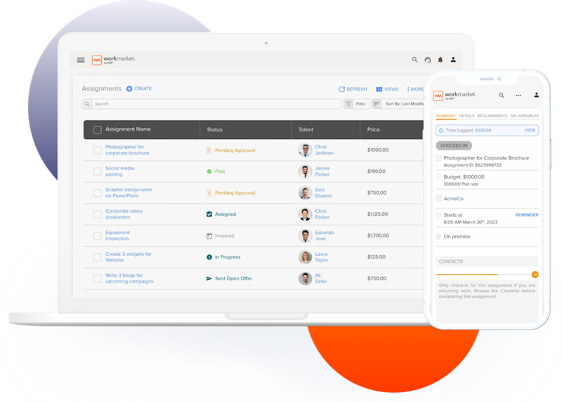 WorkMarket interface showing assignment dashboard in desktop and mobile screens